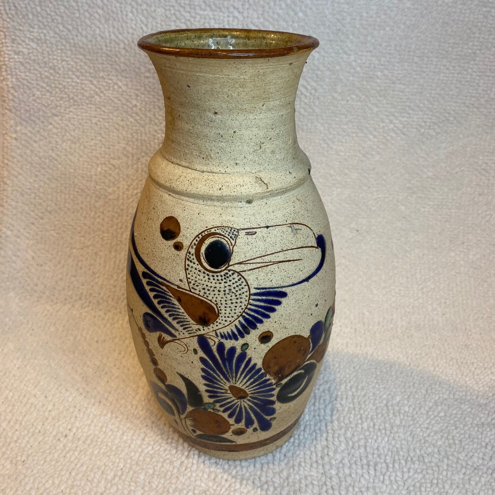 Handmade Ceramic Vase Toucan Bird Blue Floral Earth Tones Decorative Collectible